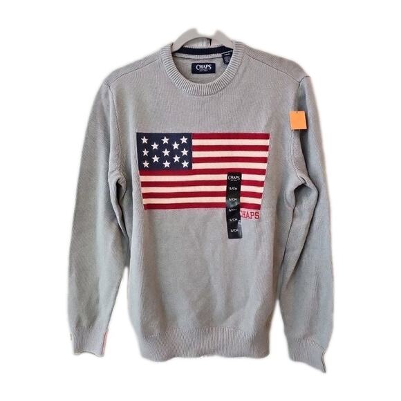 Chaps Crew Neck American Flag 100% Cotton Pullover Patriotic Sweater Gray Size S - Picture 1 of 4